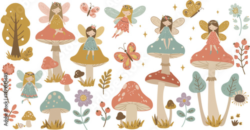 Vector illustration featuring a cartoon set of autumn trees and leaves with various forest mushrooms, red toadstools, and green grass isolated on a white background