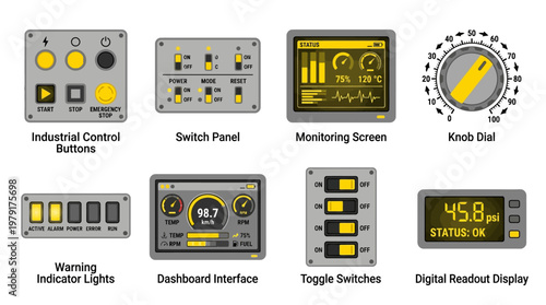 Industrial control vector set featuring various industrial control buttons and monitoring screens on a dashboard interface with switch panels and digital readouts.