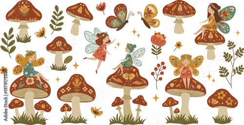 Vector illustration featuring a cartoon set of autumn trees and leaves with various forest mushrooms, red toadstools, and green grass isolated on a white background