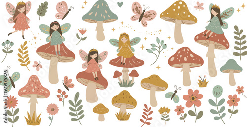 Vector illustration featuring a cartoon set of autumn trees and leaves with various forest mushrooms, red toadstools, and green grass isolated on a white background