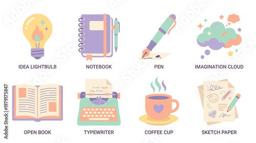 A creative vector set of office supplies and writing tools on a desk with a lightbulb, notebook, pen, and coffee cup, surrounded by an imagination cloud and open book.