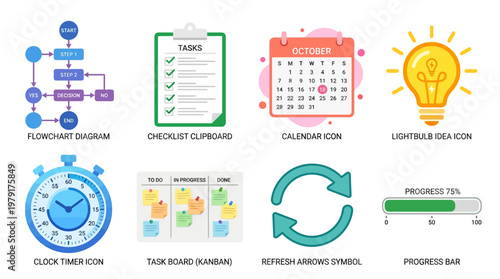 A vector set of business icons including flowchart diagram, checklist clipboard, calendar, lightbulb idea, clock timer, task board, refresh symbol, and progress bar on a modern interface.