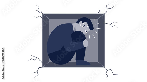 A man experiences discomfort and feeling of distress while sitting alone in a cramped, cracked room.