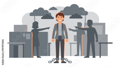 A man experiences discomfort and feeling of fear standing amidst silhouettes in cityscape.