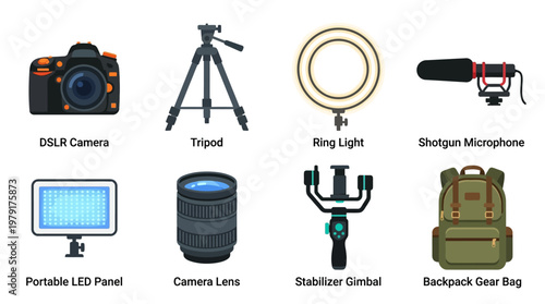A vector set of photography equipment including a DSLR camera, tripod, ring light, microphone, LED panel, lens, gimbal, and backpack gear bag for professionals.