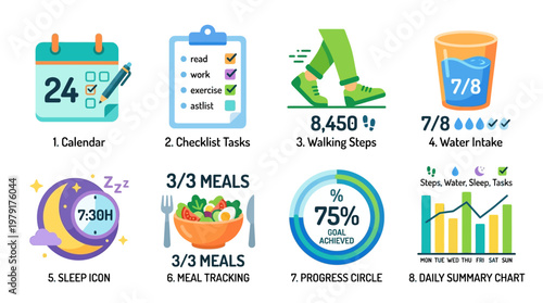 Vector set of daily health tracking icons including calendar, checklist, steps tracker, and nutrition chart on a modern interface background for lifestyle and wellness applications.