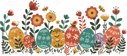 Seamless vector pattern featuring a spring floral background with Easter eggs, butterflies, and strawberries in a vibrant nature design for a summer wallpaper or festive card