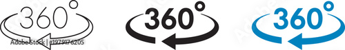 360 degree rotation icon, panoramic and virtual reality view symbol, interactive 3D rotation concept, minimal web design icon set