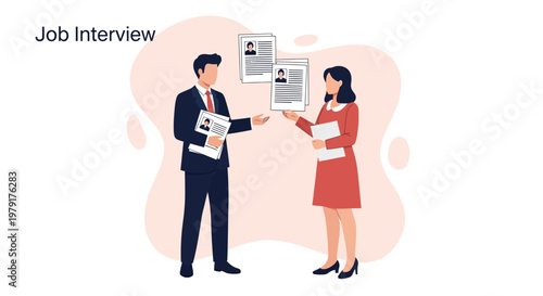 Job Interview Illustration: Man and Woman Discussing Resumes
