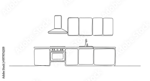 Minimalist Kitchen Line Art: Modern Cabinets, Stove, Sink, and Hood
