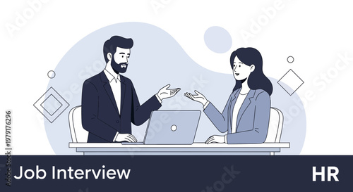 Job Interview: Man and Woman Discussing Career Opportunities at Desk with Laptop