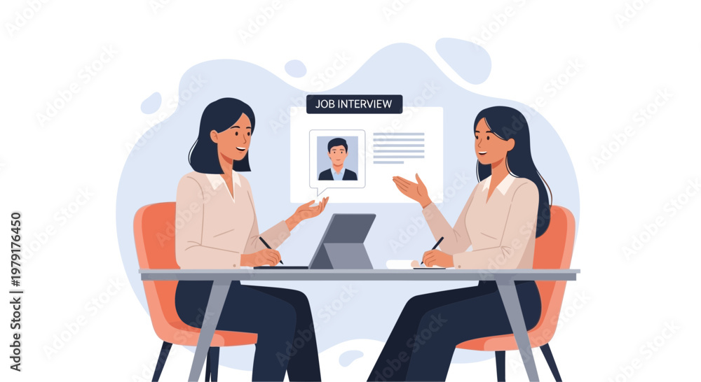 Fototapeta premium Job Interview: Two Women Discussing Candidate Resume on Screen