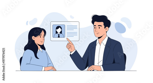 Job Interview: Recruiter Points to Candidate Profile, Discussing Qualifications