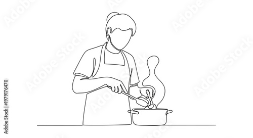 Single Line Drawing of a Person Cooking in a Pot with Steam Rising