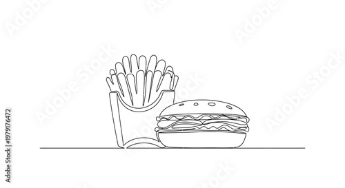 Minimalist Line Art Burger and Fries Combo on White Background