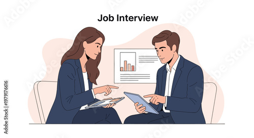 Job Interview: Woman interviewer and man candidate discussing on tablet