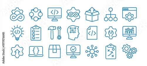 DevOps methodology and software development concept editable stroke outline icons set isolated on white background flat vector illustration. Pixel perfect. 64 x 64.