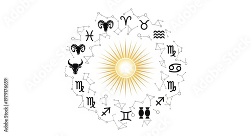 Astrology Zodiac Symbols Circle Around Bright Sun Illustration.