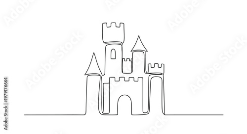 Minimalist single line drawing of a fairytale castle, elegant architectural design, white background