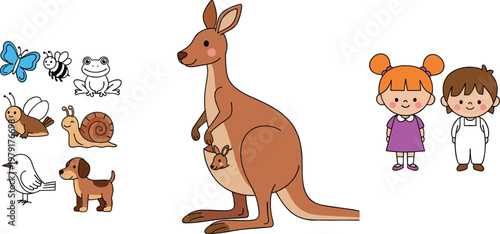 Kangaroo with baby and cute animal icons butterfly frog snail dog bird and children cartoon vector illustration collection
