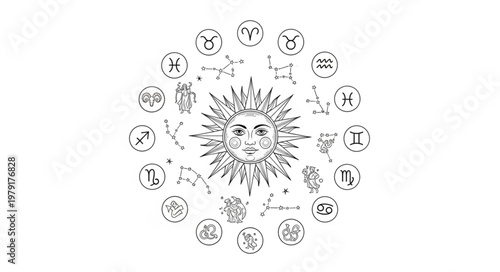 Astrology Zodiac Symbols Sun Face Circular Design.