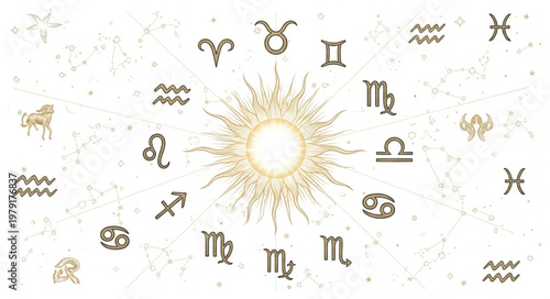 Astrology Zodiac Symbols Sun Celestial Background.