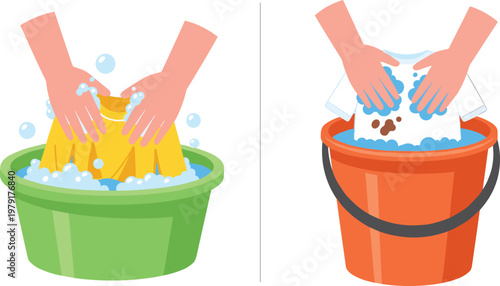 Hand Washing Clothes Vector Illustration – Manual Laundry with Soap and Water in Green and Orange Buckets