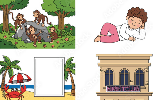 Monkey jungle scene sleeping boy beach frame and nightclub building cartoon vector illustration collection for lifestyle and travel design