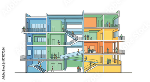 Architectural illustration of a multi level building with visible internal spaces