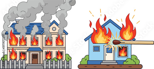 House Fire Vector Illustration – Flames and Smoke on Buildings with Matchstick Starting a Fire