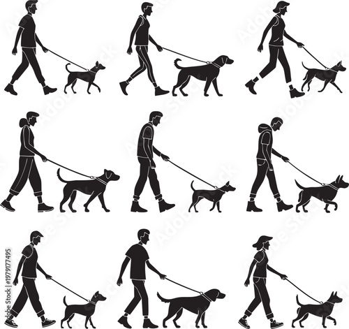 silhouettes of people with dogs