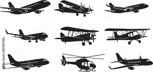 Silhouettes of various airplanes and helicopters in flight