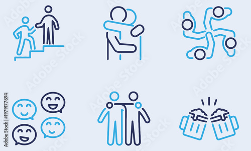 Diverse Icons Representing Friendship, Support, Teamwork, and Celebration