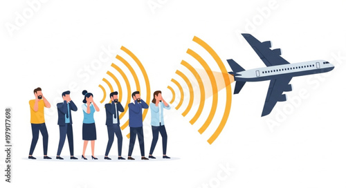 Airplane noise pollution affecting people with sound waves illustration.