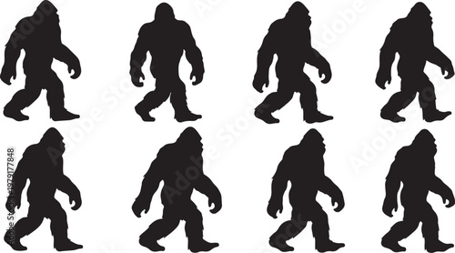 Bigfoot silhouettes walking in various poses and directions together