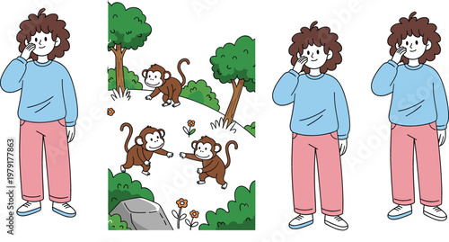 Woman character and playful monkeys in jungle cartoon vector illustration collection for nature wildlife and lifestyle design