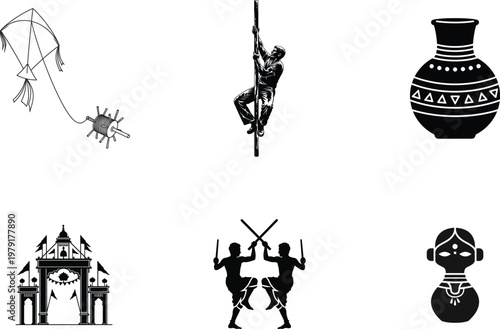 South Asian Traditional Festival and Cultural Elements Vector Icon Bundle