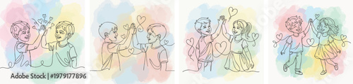 Collection of Continuous Line Drawing of Two Children Giving Each Other a High Five, Expressing Joyful Connection and Affection with Hearts and Pastel Background

