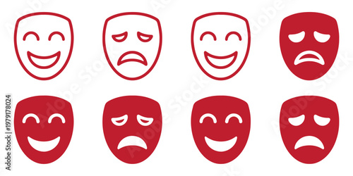 Theatrical masks vector icon set. Theater, theatre mask signs. Masquerade mask. Comedy and tragedy mask symbols.. Vector illustration. comedy and tragedy theater masks in black and red line art.