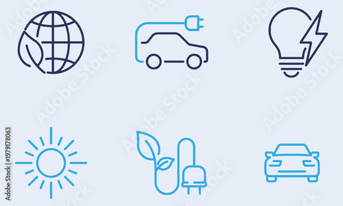 Electric Car and Renewable Energy Icons: Globe, Leaf, Lightbulb, Sun