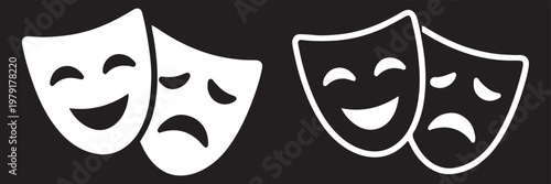 Theater Masks Icon: Happy and Sad Faces Symbolizing Drama and Emotions. Theater drama, comedy and tragedy masks. Comedy and tragedy masks outline icon with theater drama symbol minimal line vector.