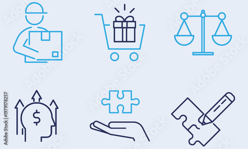 Business and Finance Icons: Delivery, Shopping, Justice, Growth, Solutions, Creativity
