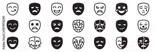 Outline icon set of 21 theatrical masks featuring various emotions and expressions for drama and performance design. Set of classic theater masks representing comedy and tragedy emotions in multiple.
