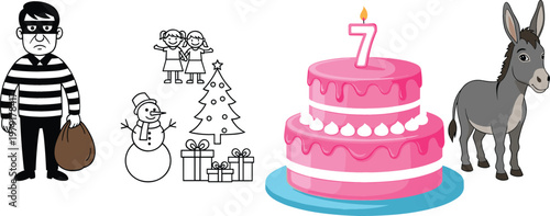 Cartoon thief Christmas doodle birthday cake with number seven candle and donkey vector illustration collection