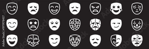 Outline icon set of 21 theatrical masks featuring various emotions and expressions for drama and performance design. Set of classic theater masks representing comedy and tragedy emotions in multiple.
