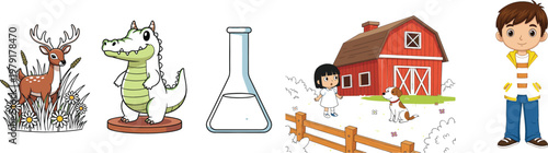 Cartoon deer crocodile laboratory flask farm barn scene with kids and boy character vector illustration collection