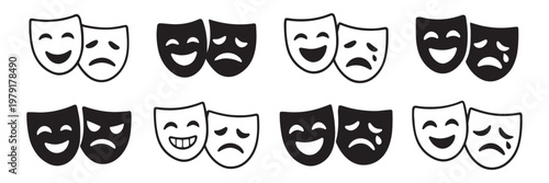 Theater masks icons set, theatrical and masquerade mask symbols, comedy and tragedy designs, stage performance, drama, acting, play, vector illustration for websites, apps, posters. comedy and tragedy
