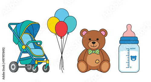 Baby items including a stroller balloons teddy bear and baby bottle