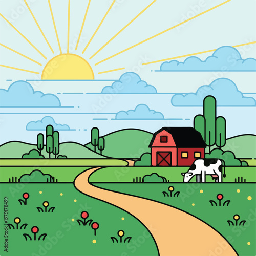 Illustration of a Red Barn with Cow.