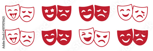 Theatrical masks vector icon set, theater theatre mask signs, masquerade mask, comedy and tragedy mask symbols, drama performance icons, flat illustration. Comedy and tragedy theater masks icon set.
